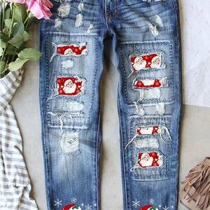 Women’s Blue Distressed Jeans with Santa Print